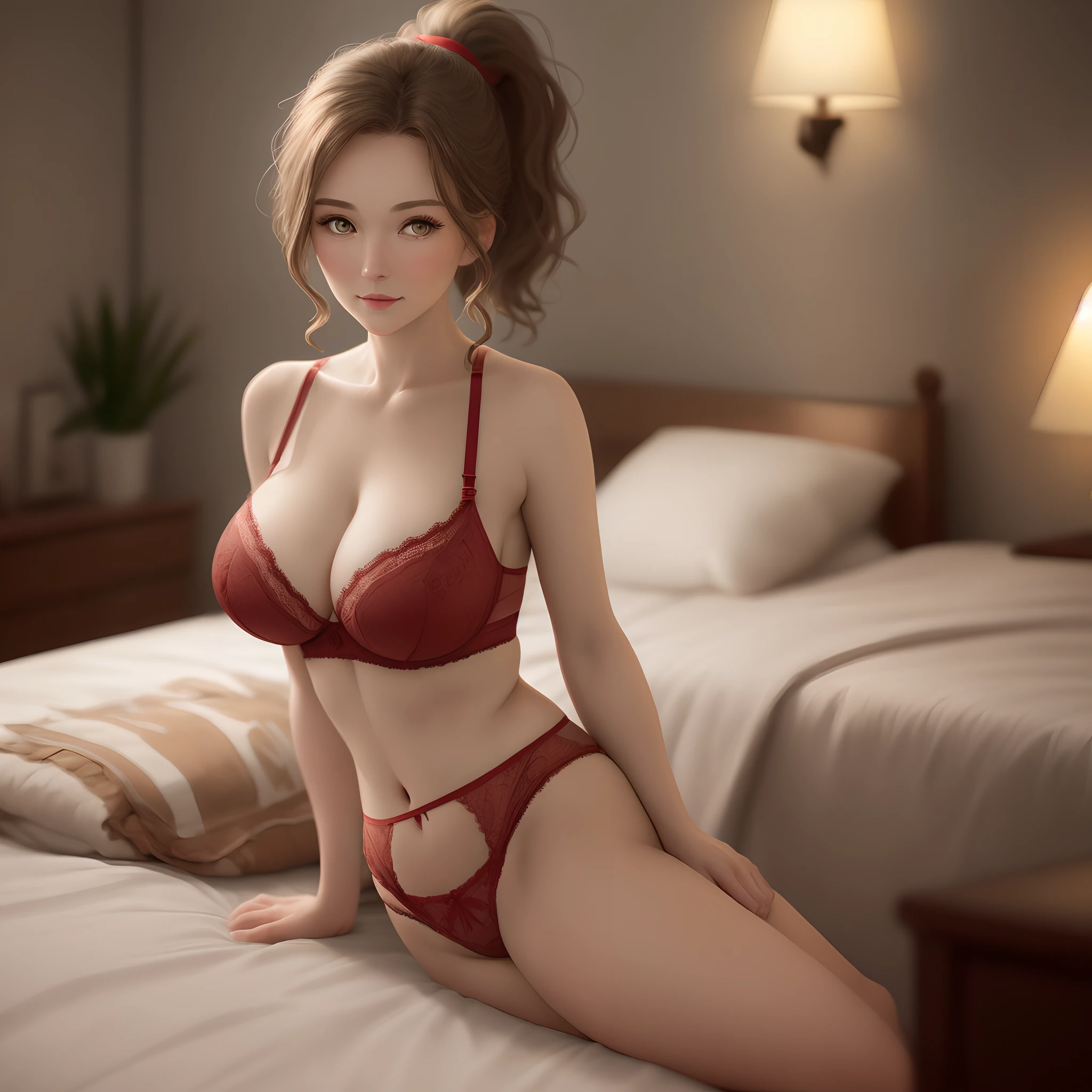 A close up of a woman in a red lingerie sitting on a bed SeaArt AI