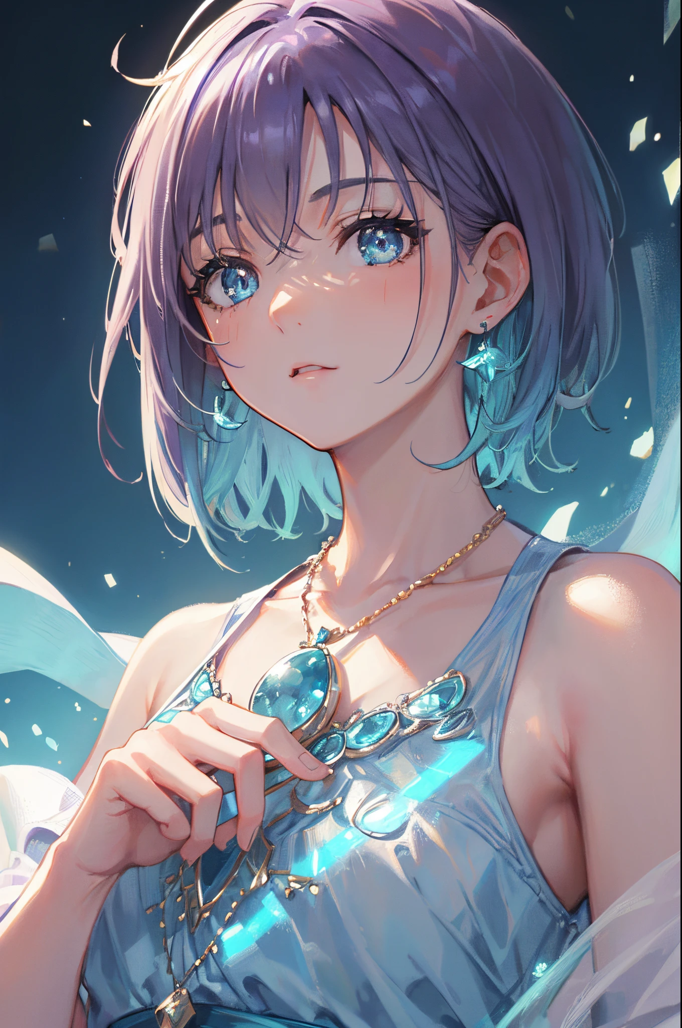 ​masterpiece, top-quality, illustratio, Saxophone Blue, Platinum Earrings, Platinum Necklace, white dres, 1girl, cute little, (Dynamic lighting:1.2), lighting like a movie, delicated facial features, A detailed eye, Sharp pupils, Realistic pupils, depth of fields, bokeh dof, foco nítido, (ultra-detailliert, Bloom, Glow:1.4), Many Small Gems, (((Short_hair))),　Toru Asakura、blue hairs、耳环、gradation hair、multi color hair、Parted bangs、Purple hair、The upper part of the body、Extreme close-up view、