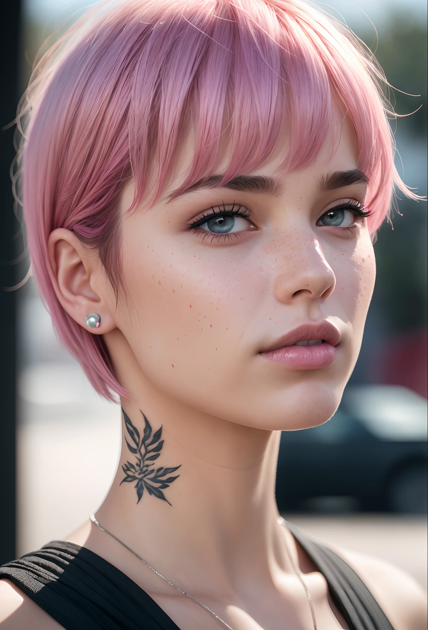 Un primer plano de una mujer con cabello rosado y un tatuaje en el cuello -  SeaArt AI