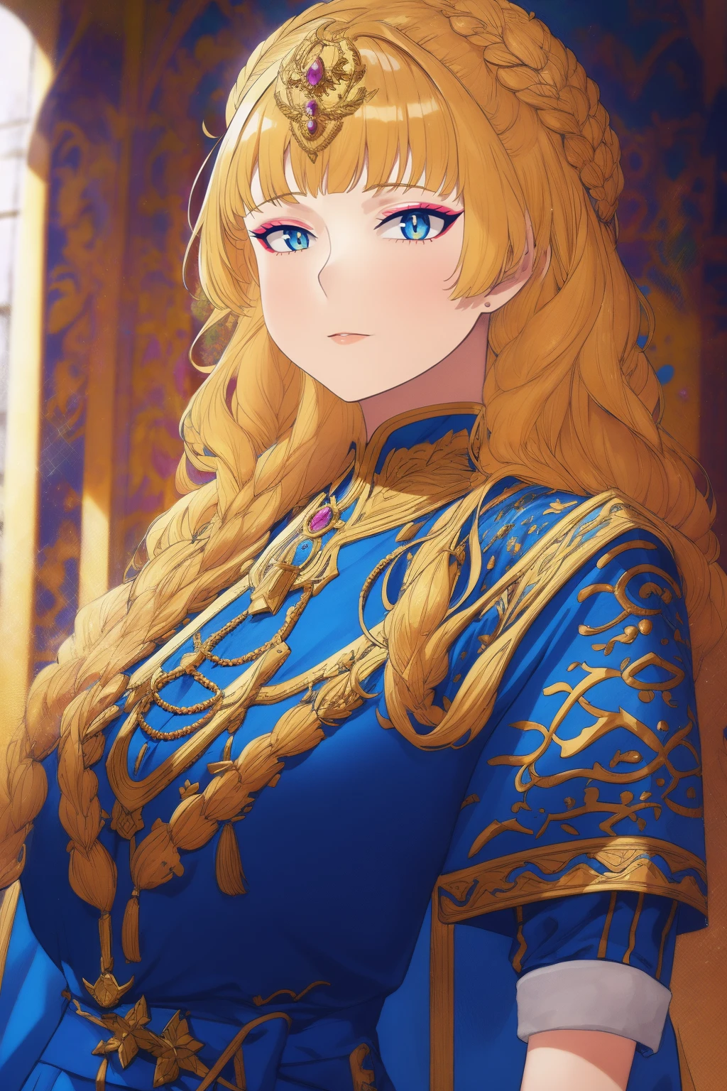 (best quality,4k,highres),detailed eyes,detailed lips,ultra-detailed face,wavy long hair,beautiful detailed eyes,beautiful detailed lips,extremely detailed eyes and face,longeyelashes,woman-medieval-cloths,priestess,curvy,tunic,galko,girl, solo,priestess outfit,gyaru style,dress,full body,woman,character portrait,portrait,studio lighting,,colorful,vivid colors,mysterious,soft lighting,bokeh,medieval theme,casual attire,confident expression