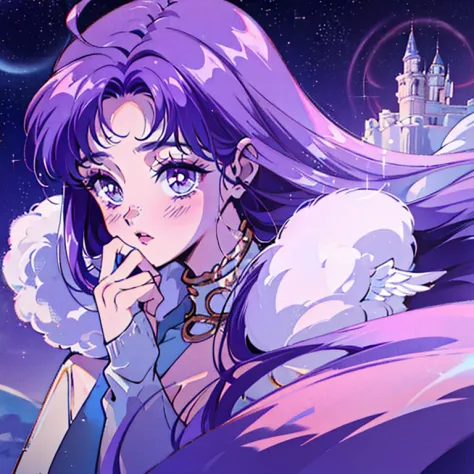 1girl, purple hair, goddess, ethereal, alluring, fluffy, in the clouds