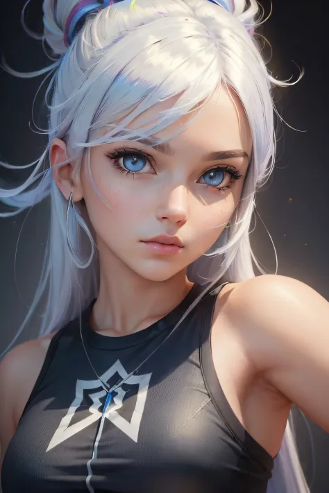 ((high quality, masterpiece:1.4)), 1girl, upper body, gym clothes, white hair, rainbow colored hair, gradient hair, pretty face,...