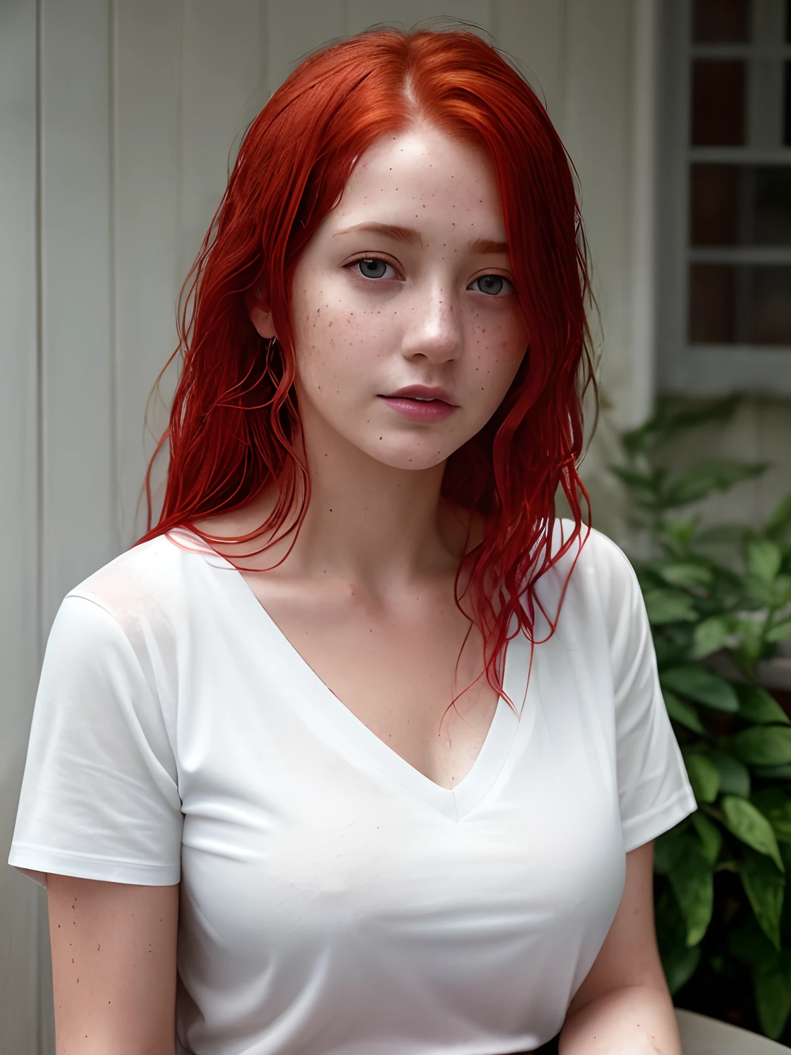 Arafed woman with red hair sitting on a bench in a white shirt - SeaArt AI