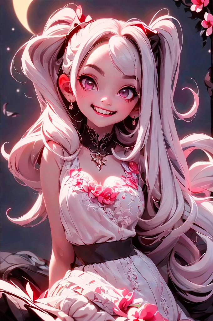 a vampire girl smiling, ((showing fangs)), white hair, red eyes, glowing eyes, white lace crop top, (black skirt), blush, night, flowers, moon