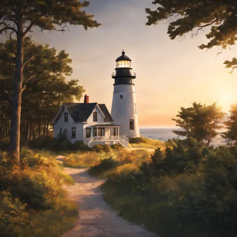 lighthouse on a cape in a small township in the northern united states, modern days, summer, warm sunset, soft light of the even...