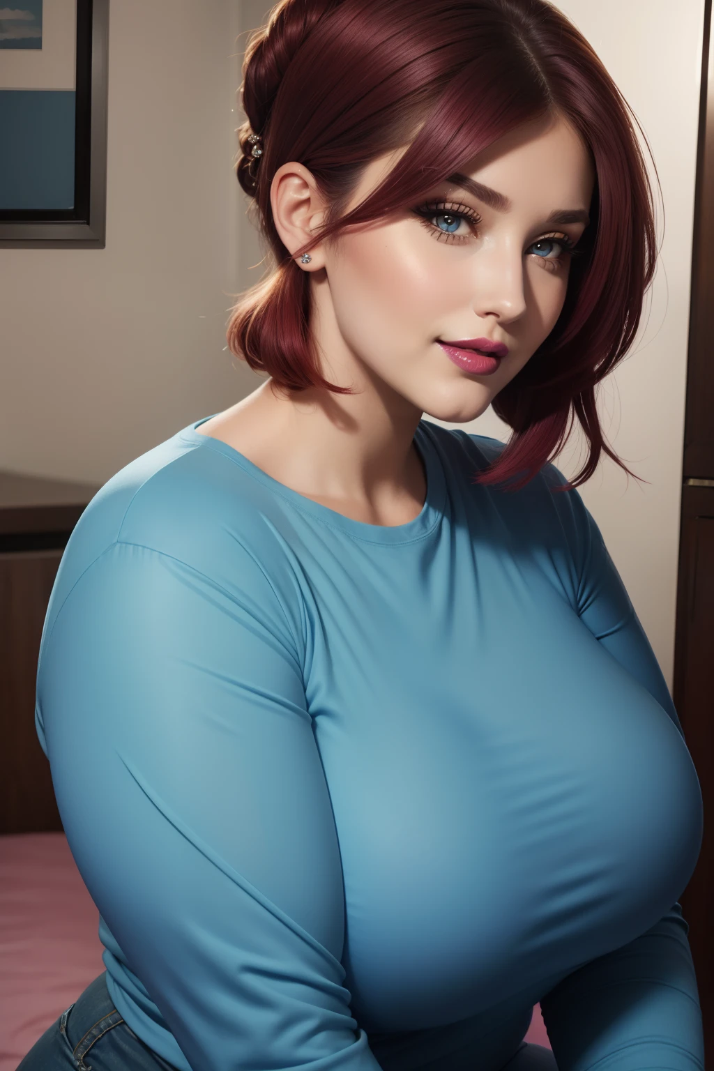 A close up of a woman in a blue shirt posing on a bed - SeaArt AI