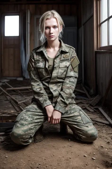 1girl, a cute beautiful russian 24 years old girl wearing military boots, russian camo pattern military pants, a russian camo pa...