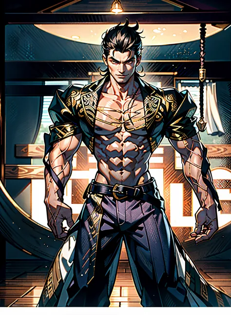 A young man, dense black-gold long hair, standing tall with upright hair, a majestic countenance, confident gaze, a scar under the eyes, a hearty smile, a fantasy-realistic tattered half-length martial arts outfit, short-sleeved, open-front robe revealing ...