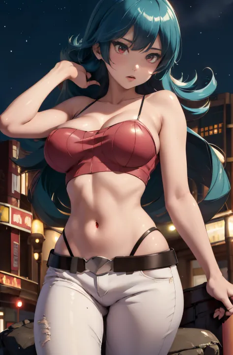 (masterpiece, best quality:1.2), 1girl, solo, sabrina, pokemon, flipped hair, aqua hair, ((crimson red eyes)), red croptop, spaghetti strap, midriff, crop top, white pants, bare shoulders, large breasts, outside, metropolis, midnight, night, full body shot...