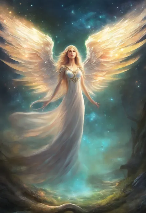 A painting of an angel with wings in the sky - SeaArt AI