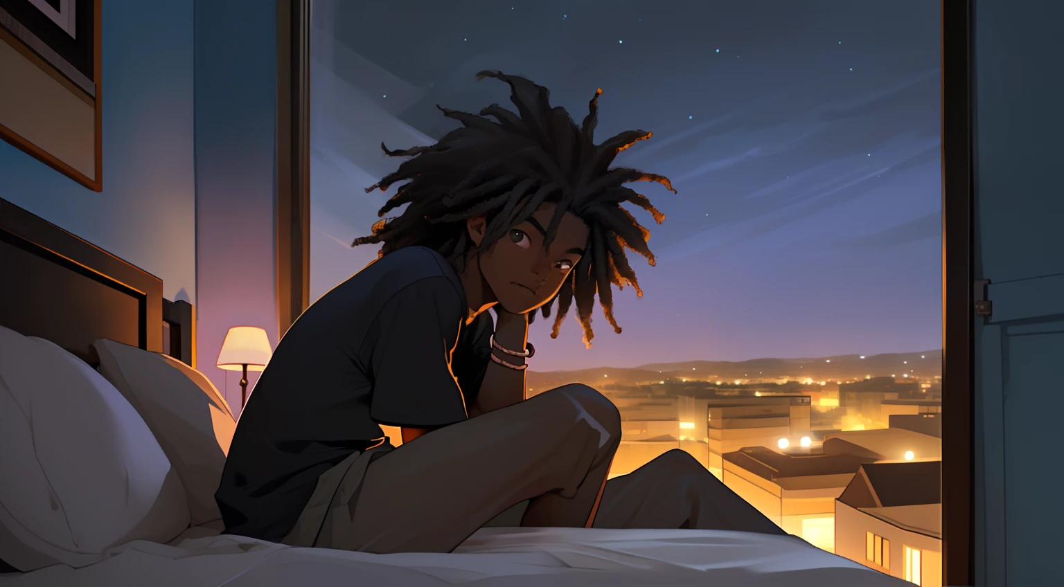 Anime - style image of a young man sitting on a bed looking out a window -  SeaArt AI