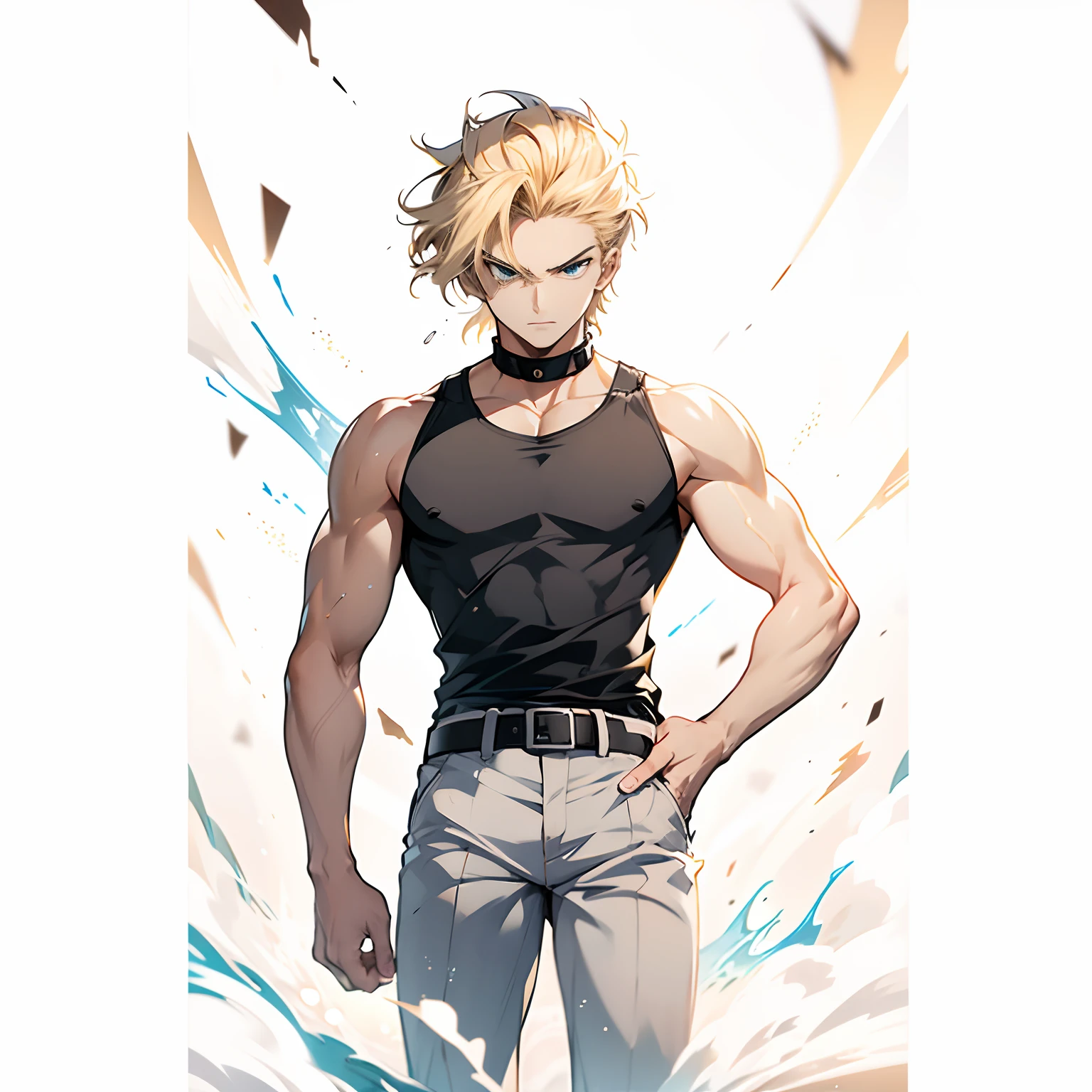 Anime guy with blonde hair and black shirt standing in front of a blue and  white background - SeaArt AI