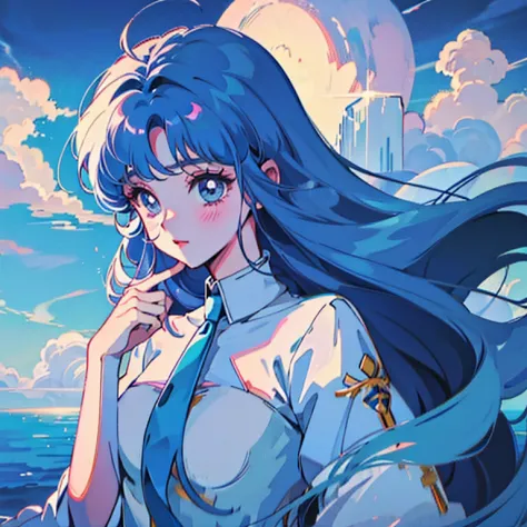 1girl, blue hair, goddess, fluffy long hair, in the clouds, ethereal, alluring, beautiful