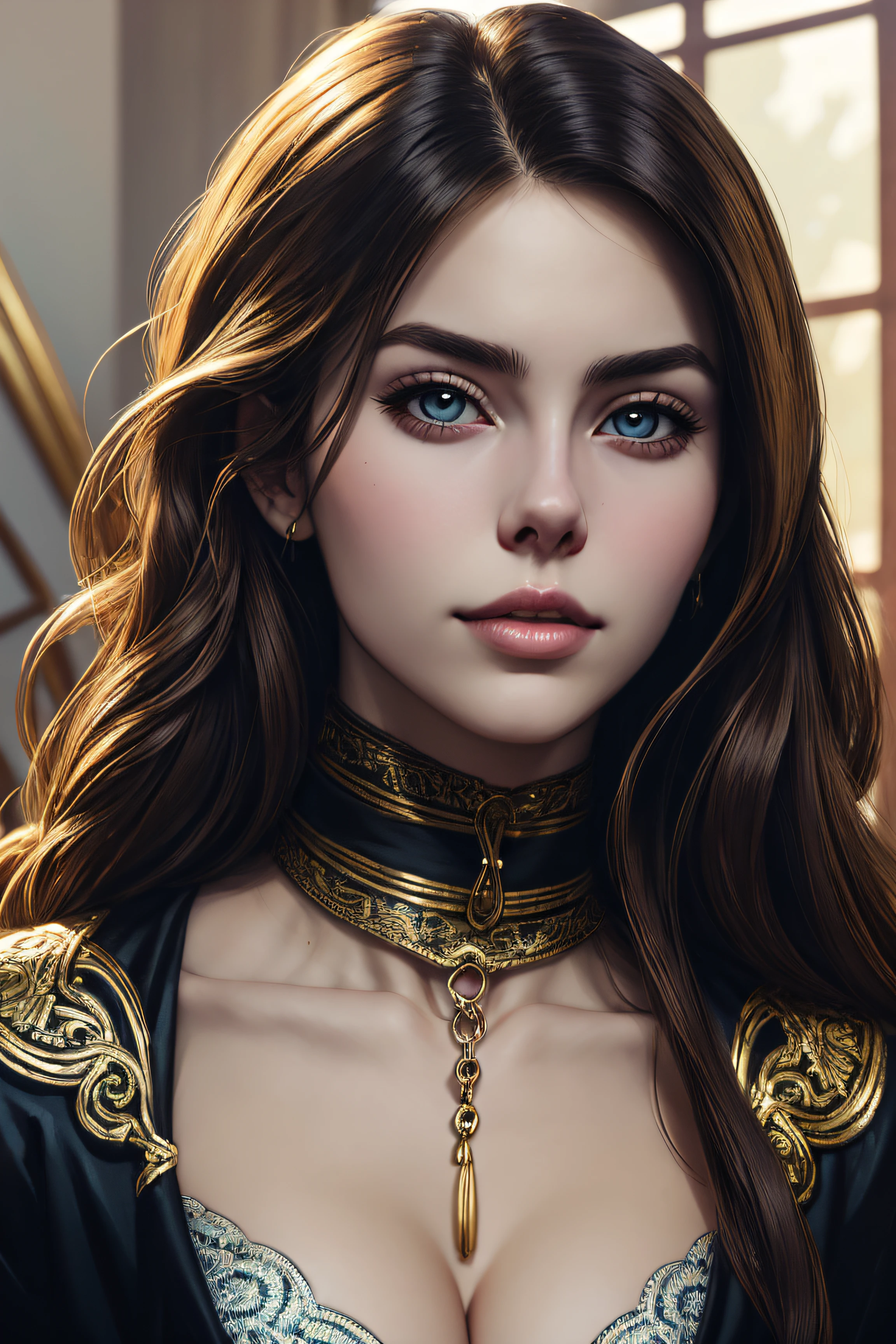 Riley Reid, bondage sexy clothes, character portrait, 4 9 9 0 s, long hair, intricate, elegant, highly detailed, digital painting, artstation, concept art, smooth, sharp focus, illustration, art by wlop, charlie bowater and alexandra fomina