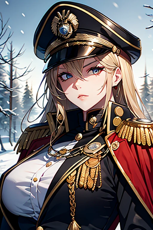 warhammer_40k_commissar, woman, black uniform, ((snowstorm)) forest, red sash, ((old, wrinkles, eyebags)) AS-Elderly,