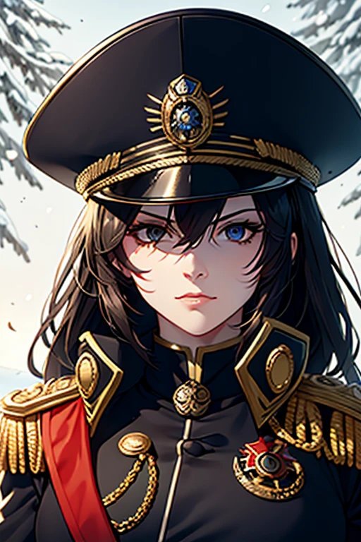 warhammer_40k_commissar, woman, black uniform, ((snowstorm)) forest, red sash, ((old, wrinkles, eyebags)) AS-Elderly,