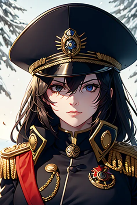 warhammer_40k_commissar, woman, black uniform, ((snowstorm)) forest, red sash, ((old, wrinkles, eyebags)) as-elderly,