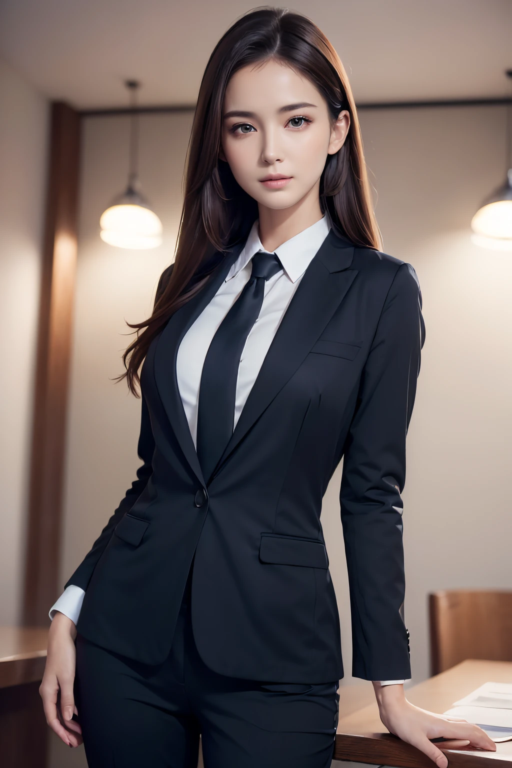 (realistic, high-quality, beautiful detailed face and eyes:1.3), OL, business suit, half body shot, (best quality, 8K, masterpiece:1.3), professional lighting, vibrant colors, elegant posture, confident expression, modern office setting, (subtle, natural, warm color tones), sharp details, glossy finish