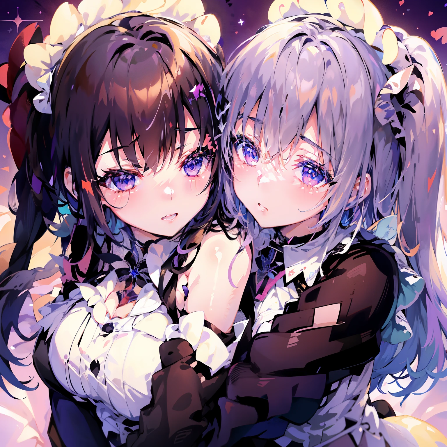 anime image of two girls hugging each other in front of a purple background, two beautiful anime girls, hololive, nightcore, official artwork, nixeu and sakimichan, anime moe artstyle, anime maids riding early tanks, girls frontline universe, fine details. girls frontline, from the azur lane videogame, best anime 4k konachan wallpaper