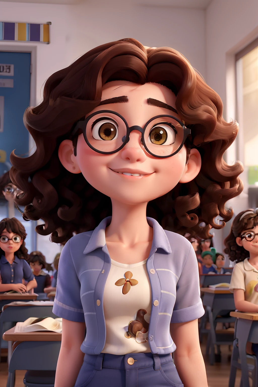 A cartoon girl in glasses stands in a classroom with other children -  SeaArt AI