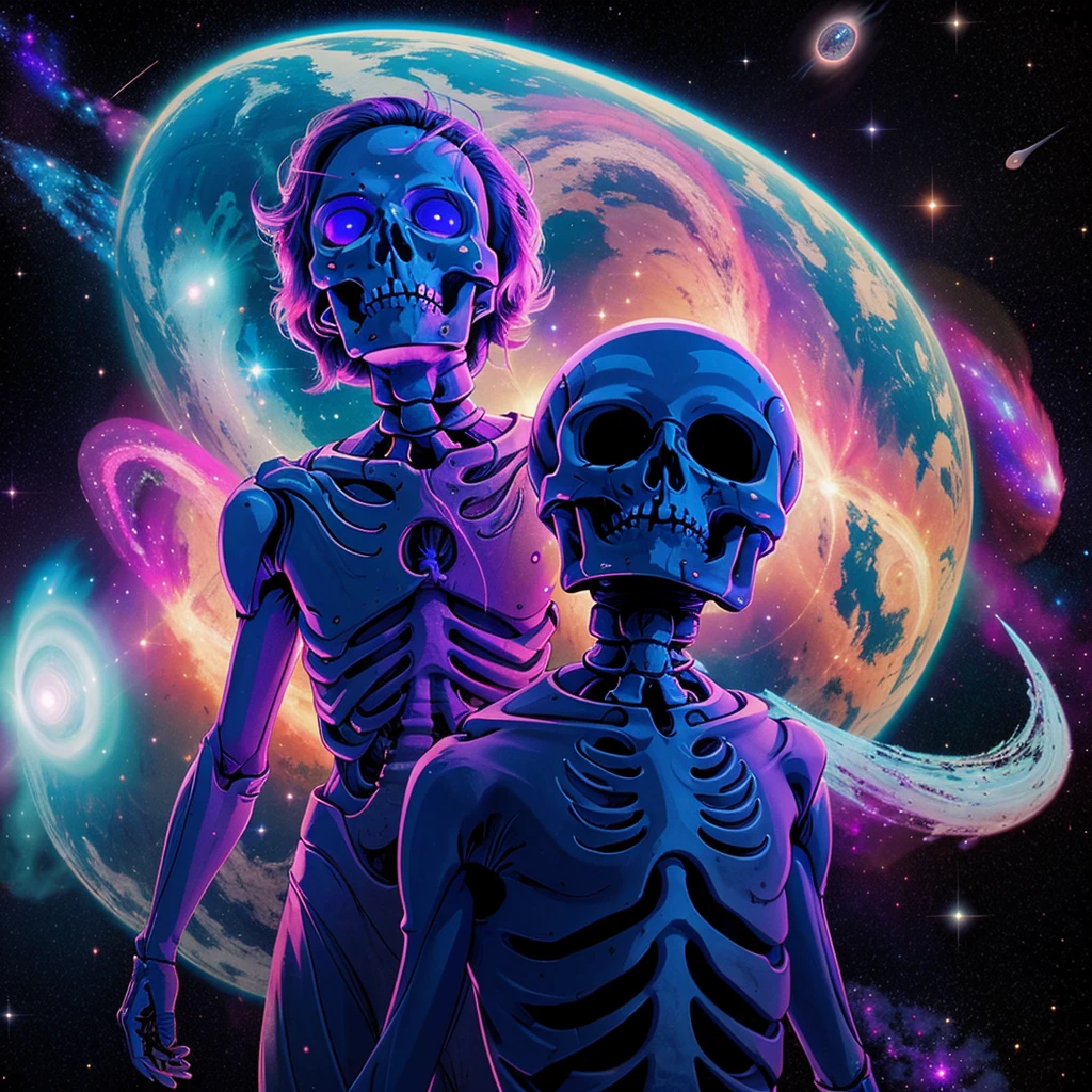 In the ethereal expanse of cosmic dust and vibrant tones, A lifeless astronaut floats silently in the void of space. The strange sight of the skeleton&#39;o rosto preso no capacete faz sua coluna tremer. The eerie stillness juxtaposes with vivid colors，Created a frightening representation of the end of the universe.