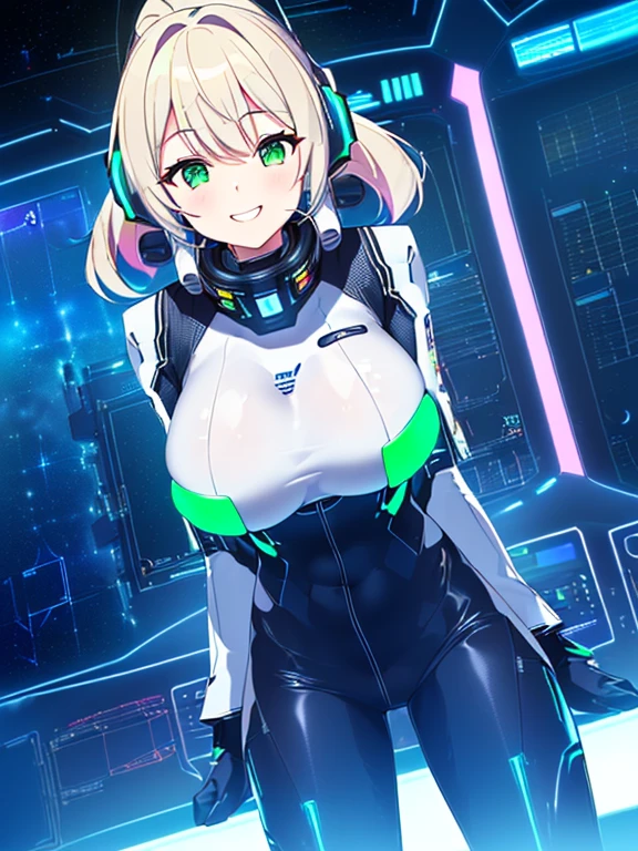 ​masterpiece:1.4, 1girl in ((20yr old, Dressed in a tight futuristic bodysuit in white and silver, long boots, huge-breasted, Multicolored blonde hair, twin ponytail, Perfect model body, Green eyes:1.4, Wearing headphones, Flirting, Happy, Big smile, Looking out the window of the futuristic sci-fi space station、While admiring the beautiful galaxy:1.2, SFSF control room on night background:1.1, Neon and energetic atmosphere:1.2)) ((Galaxy)) ((Solo:1.6))