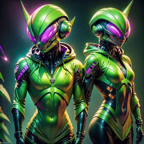 a close-up of an alien with a green hood, Space alien, em estilo de bipe, 3 d render bipe, Hybrid style beep blend, bipe e Jerem...