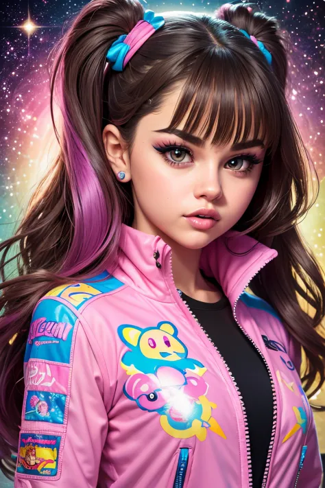 (Selena Gomez), woman with pink and blue makeup and a pink and blue jacket, brown girl in a cosmic dress, cartoon look, ava max,...