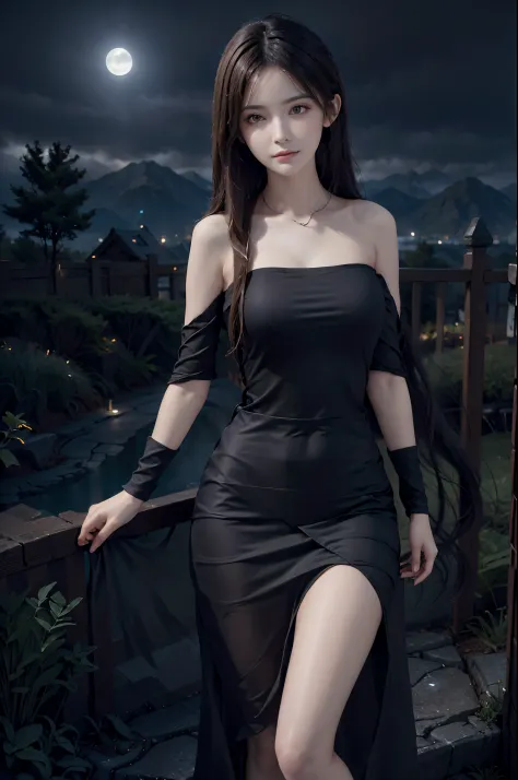 best quality, realistic, black dress, mysterious atmosphere, soft lighting, beautiful detailed eyes, long dark hair, standing al...