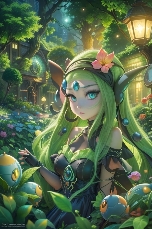 (best quality, 4k, 8k, high resolution, masterpiece: 1.2), (ultra detailed), (anime style), (Pokémon), (creature), (meloetta), (garden at night), (mystical glow all around), portraits, anime, sharp focus, vivid colors, HDR