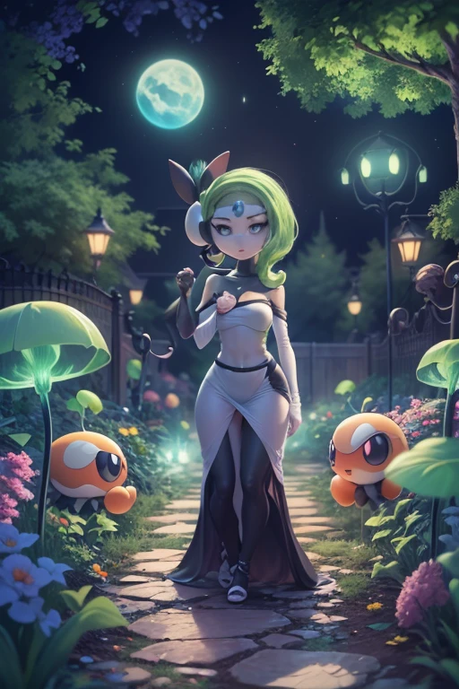 (best quality, 4k, 8k, high resolution, masterpiece: 1.2), (ultra detailed), (anime style), (Pokémon), (creature), (meloetta), (garden at night), (mystical glow all around), portraits, anime, sharp focus, vivid colors, HDR