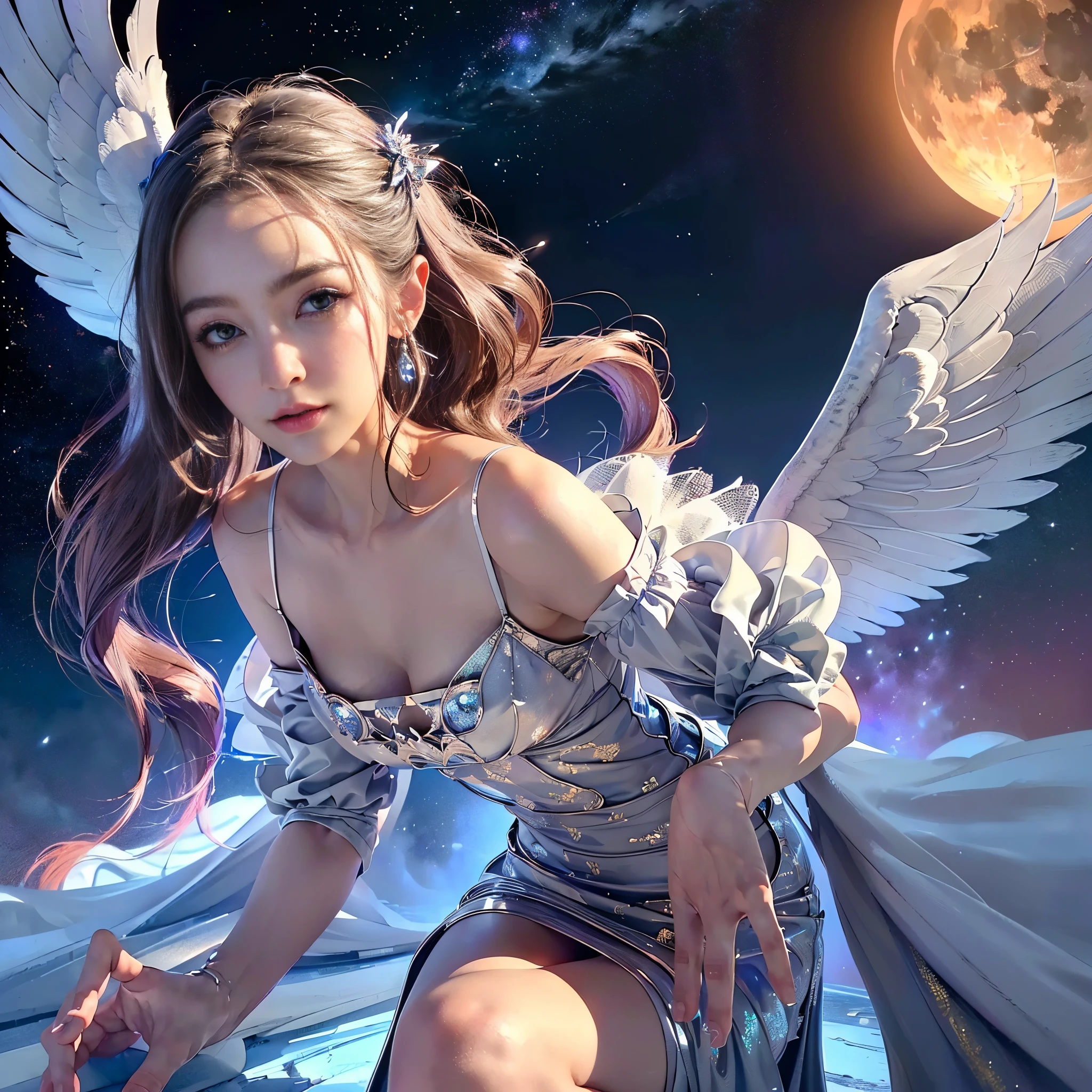 ((To want)), ((master-piece)), (detaild), Charming Succubus, Ethereal beauty, Perched on the clouds, (Fantasy Illustration:1.3), Seductive gaze, Lovely gestures., delicate wings;, Extraterrestrial charm, Mysterious Sky, (Luis Royo:1.2), (Yoshitaka Amano:1.1), Moon Night, Pastel colors, (Detailed cloud view:1.3), (high-res:1.2)，close up shot，close up shot，Black eyes，detailed beautiful eyes，Angelique，White wings，Black skin