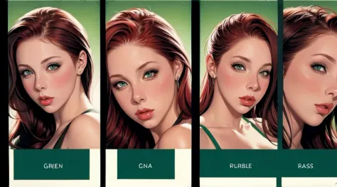 gianna michaels, female original character reference sheet adoptable, redhead, green eyes,