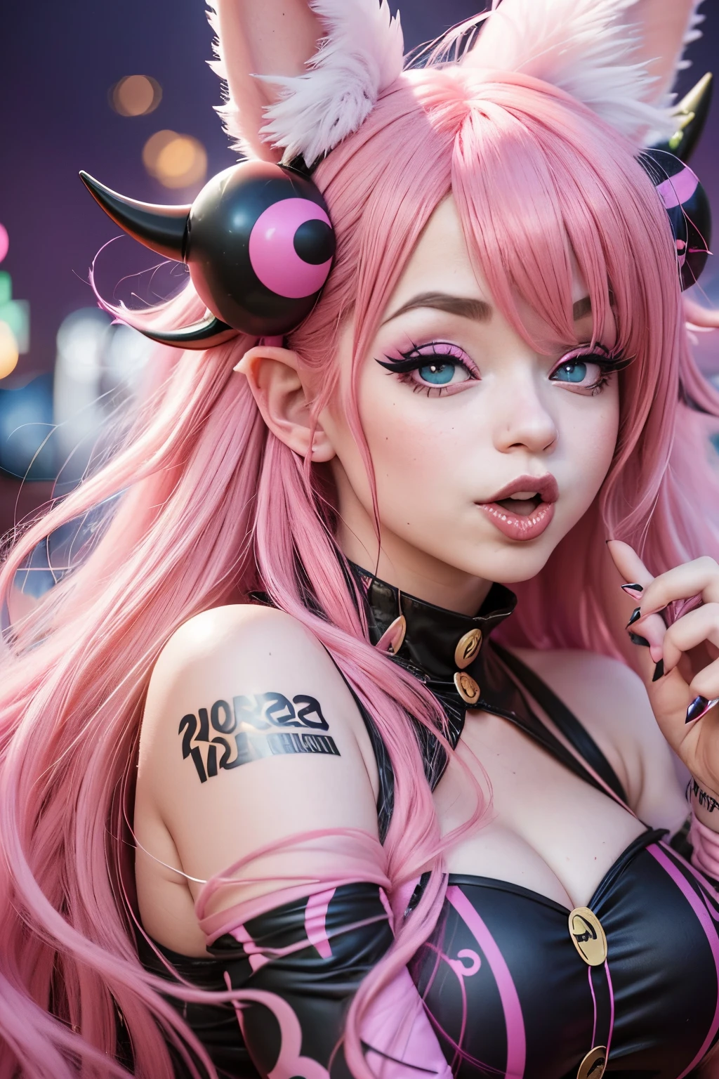 A close up of a woman with pink hair and a cat ear - SeaArt AI