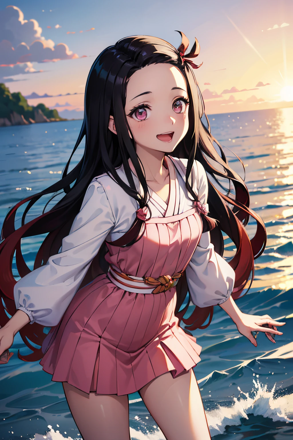 (The best quality,4k,8k,High Resolutions,masterpiece:1.2),ultra detailed,(realist,fotorrealist,fotorrealist:1.37),the beautiful Nezuko Kamado with stunning eyes in a vibrant pink bikini,Nezuko Kamado in a lively beach scene with crystal clear water and soft sandy beach,Nezuko Kamado posing gracefully with a serene smile on her face,Nezuko Kamado standing near a beautiful palm tree,Nezuko Kamado standing on a rocky cliff overlooking the vast ocean,Nezuko Kamado surrounded by tropical flowers and plants,Nezuko Kamado&#39;s loose hair dancing in the soft sea breeze,Nezuko Kamado with a radiant sun setting in the background,Nezuko Kamado's slender figure glowing in the warm sunlight,Nezuko Kamado&#39;s delicate skin reflecting the golden rays of the sun,Nezuko Kamado's cute pink bikini contrasts with the vibrant blue of the ocean,Nezuko Kamado's elegant posture accentuates her charm and beauty,Nezuko Kamado's eyes fill with curiosity and joy as she explores the beach,Nezuko Kamado&#39;s contagious laughter echoing in the calm atmosphere of the beach,Nezuko Kamado&#39;s pink bikini complements her soft and elegant personality,Nezuko Kamado exudes confidence and grace as she walks along the coast,Nezuko Kamado&#39;s bikini showing her slender figure and perfect proportions,Nezuko Kamado&#39;s beach outfit that highlights her strength and femininity,Nezuko Kamado enjoying the warm sand beneath her feet and the soothing sound of the waves,Nezuko Kamado is relaxed, carefree expression,Nezuko Kamado radiating happiness and embracing the beauty of nature,Nezuko Kamado&#39;s pure and innocent smile captures the hearts of viewers,Nezuko Kamado's cheerful spirit shining through her eyes,Nezuko Kamado is the epitome of youth and vitality,Nezuko Kamado's presence brings warmth and joy to the beach,Nezuko Kamado takes center stage with her confidence and elegance,Nezuko Kamado's youthful energy filling the air with excitement and joy,Nezuko Kamado&#39;s vibrant personality matches the