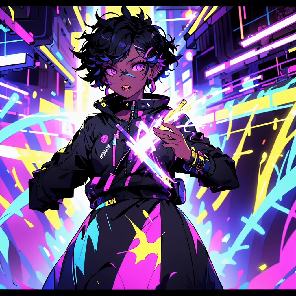 young woman, black skin, short curly mullet, stylish clothes, technological visor, [futuristic] [urban backdrop], vibrant atmosphere, [high fashion] [street style], [colorful] [neon lighting], [detailed facial features], [dynamic pose], [confident expression], [fierce gaze], [modern accessories], [edgy makeup], [graffiti art] [background], [energetic vibe], [youthful energy], [bold colors], [high-resolution], [photo-realistic], [professional quality], [focus on fashion], [captivating composition]