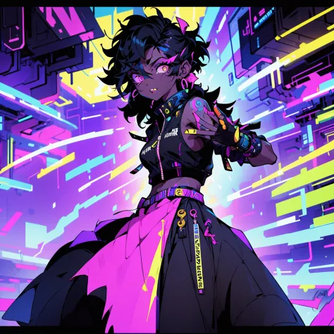 young woman, black skin, short curly mullet, stylish clothes, technological visor, [futuristic] [urban backdrop], vibrant atmosp...