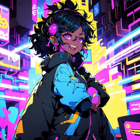 young woman, black skin, short curly mullet, stylish clothes, technological visor, [futuristic] [urban backdrop], vibrant atmosp...