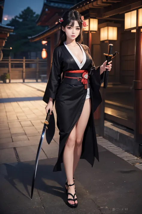 ((best quality, 8K, masterpiece)), ultra detailed, sharp focus, 1 beautiful girl, ((kimono)), (cleavage), ((holding japanese swo...