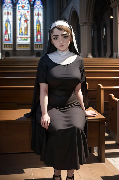 Maisie Williams, masterpiece quality, (masterpiece quality:1.5), realistic, inside catholic cathedral, church altar in backgroun...