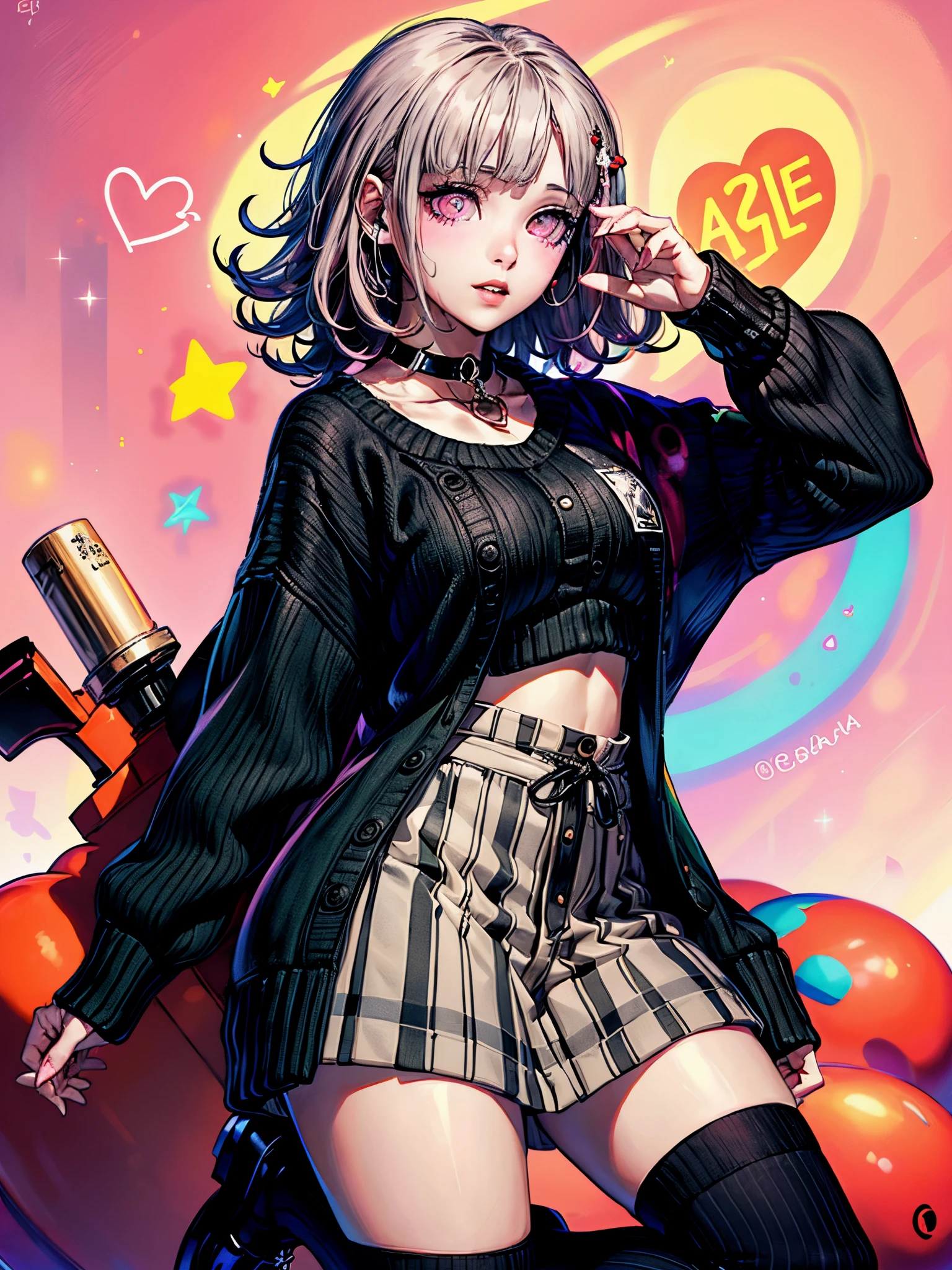 Chiaki Nanami bei einem Rave, den Betrachter mit einem verführerischen Lächeln anschauen, Vertrauenswürdige, Nachtclub, Neonlichter, kurze rosa Haare, rosa Augen, Randbereich, Traje de e-girl, (((Oben zuschneiden, übergroßer Pullover, Faltenrock, Schwarzer Kampfstiefel, geflügelter Eyeliner, Siegel in Herzform, Halsband, Riemenkette))), 20 Jahre altes Mädchen,Chiaki Nanami, Nanami Chiaki