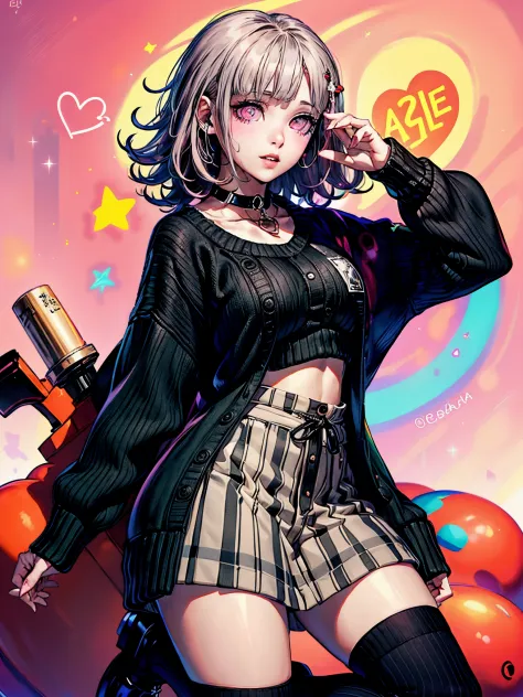 Chiaki nanami en una rave, mirando al espectador con una sonrisa seductora, confiado, club nocturno, Neon lights, Pelo corto ros...