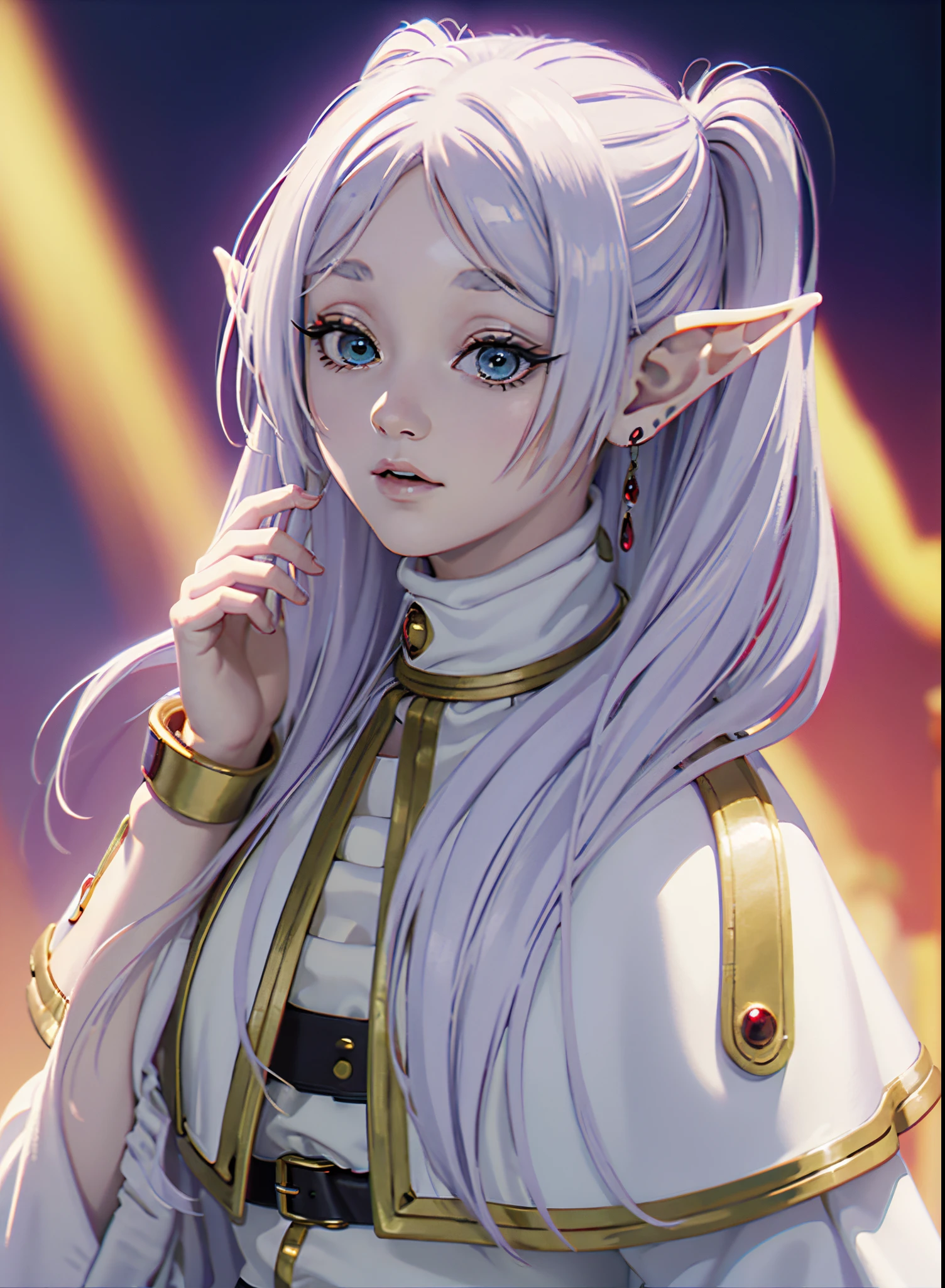 (CG ultra detallado, Calidad del nivel de fondo de pantalla, fantasy style style) Obra maestra, La mejor calidad, 1girl, joven mujer elfo,  elf girl, elven mage, elven ranger, Enfoque femenino, sola, cabello blanco, Cabello largo, Ojos verdes vibrantes, Mirando al espectador, boca cerrada, sonriendo, fantasy aesthetics, Altamente detallado, Oreja de elfo, Obra maestra, La mejor calidad, estilo realista, textura y piel realista, ropa blanca, detalles dorados, paisaje de fondo, chica de anime, anime bishoujo, ultra realista, Fondo de bosque profundo，Ancient and mysterious trees，The Spirit of Nature, white eyebrows