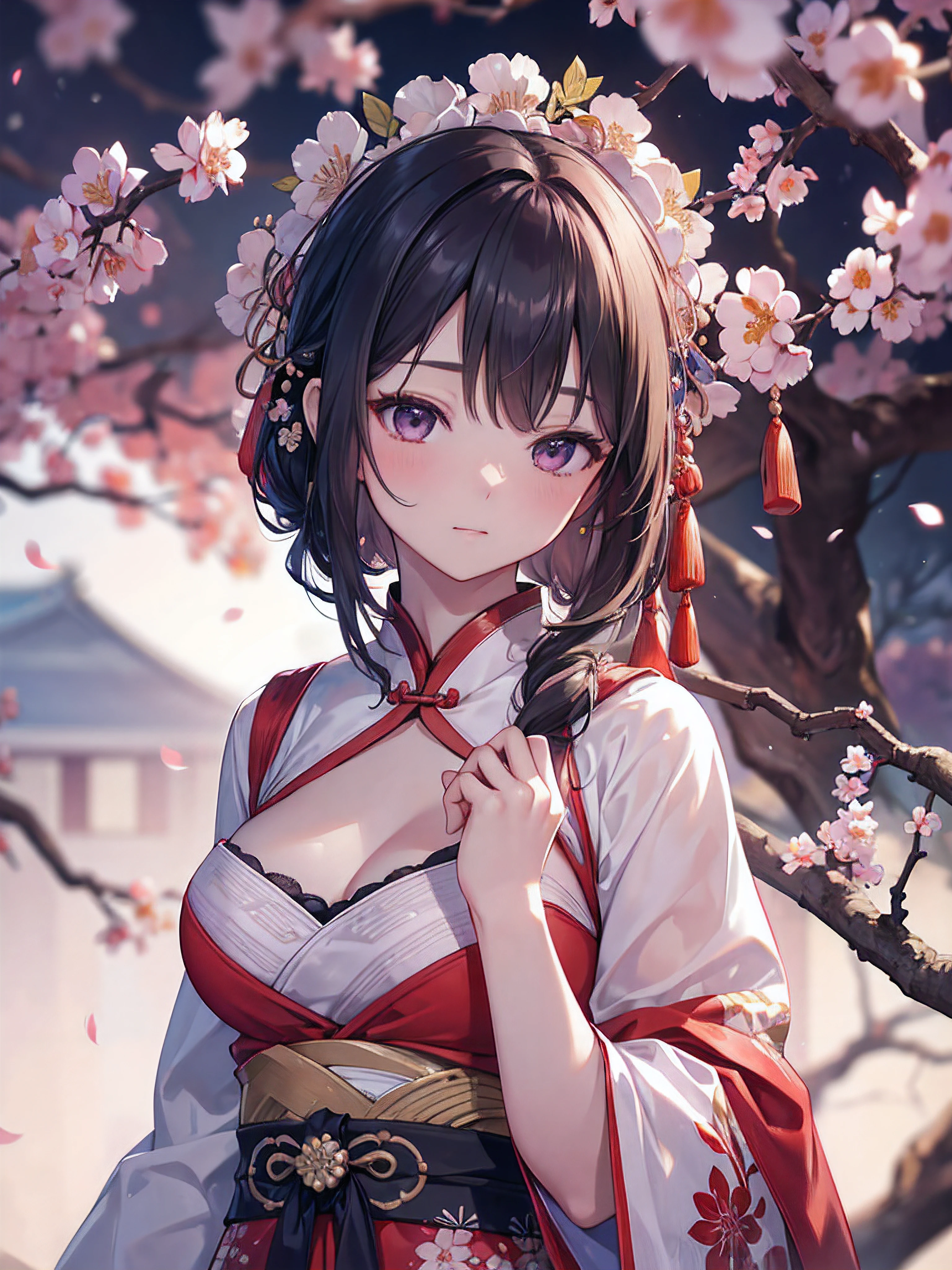 masterpiece,extremely detailed CG unity 8k wallpaper,1girl, beautiful, realistic, blurry, blurry_background, blurry_foreground, branch, plum blossom, depth_of_field, flower, jewelry, nose, realistic, solo,chinese clothes,fingers hidden, arms hidden, only wearing a bra