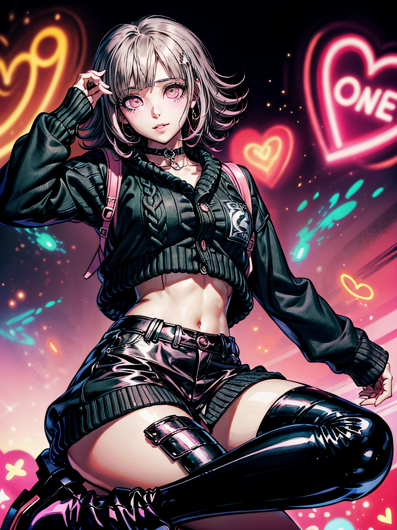 Chiaki nanami en una rave, mirando al espectador con una sonrisa seductora, confiado, club nocturno, Neon lights, Pelo corto rosa, ojos rosados, flequillo, Traje de e-girl, (((Recortar arriba, oversized sweater, falda a cuadros, Bota de combate negra, delineador de ojos alado, Heart-shaped seal, gargantilla, cadena de correa))), 20 yrs old girl,Chiaki Nanami, Nanami Chiaki