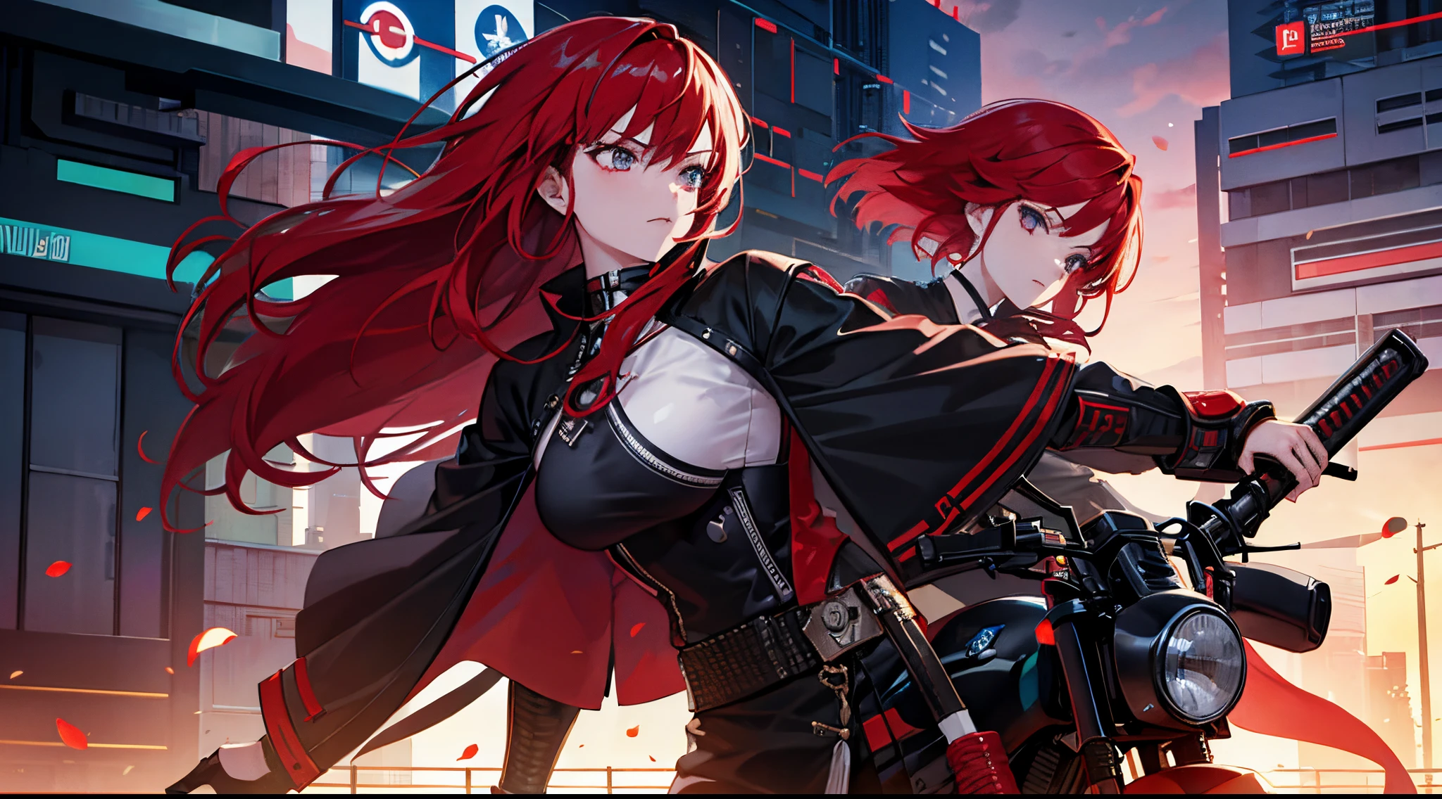 Anime anime girl with red hair and black outfit holding a gun - SeaArt AI