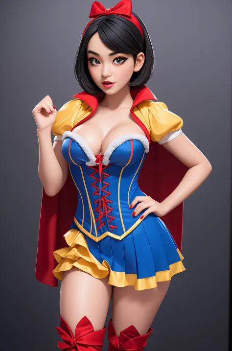 Beautiful Korean 18 year old woman, wearing snow white cosplay, blue silk corset, red silk cape, yellow silk pleated skater skirt, , black short  bob hair, red hairband,   , masterpiece, photorealistic, amazing detailed face, amazingly detailed skin, boots...