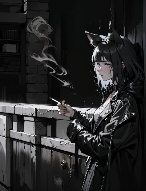 The Wolf Girl, black  hair, wolf ears with white fur inside, high collar coat, lights a cigarette, black and white, Noir, Pathos...