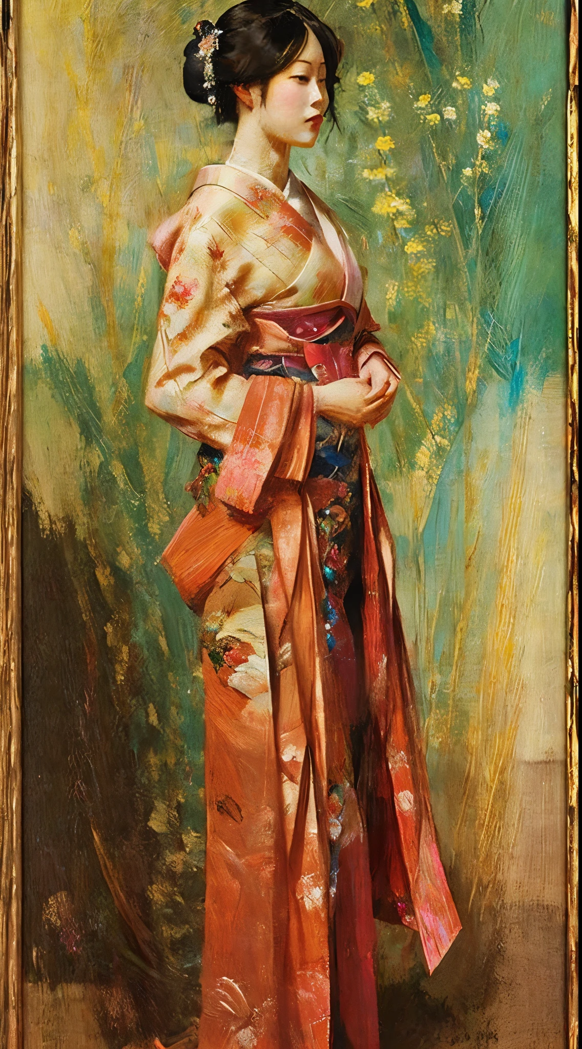 woman, beautiful, konoichi, wearing an open kimono, slender body, large breasts, standing, oil painting, canvas fabric, da vinci style painting