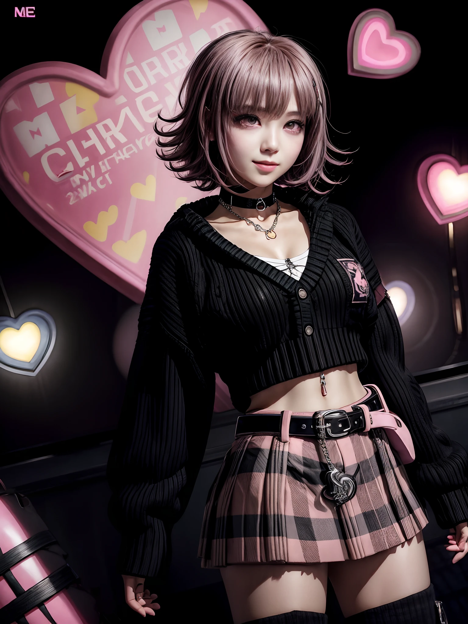 Chiaki nanami en una rave, mirando al espectador con una sonrisa seductora, seguro, Club nocturno, Luces de neón, pelo corto rosa, Ojos rosados, Golpes, Traje de e-girl, (((top corto, Jersey oversize, falda a cuadros, bota de combate negra, delineador de ojos alado, Sello en forma de corazón, Gargantilla, Cadena de cinturón))), chica de 20 años,chiaki nanami, Nanami Chiaki